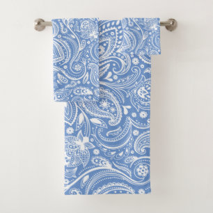 White paisley pattern on blue background bath towel set