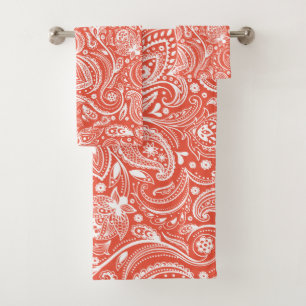 White paisley pattern on orange background bath towel set
