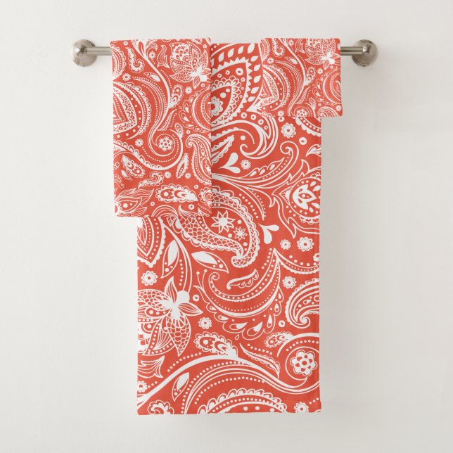 White paisley pattern on orange background bath towel set (Insitu)