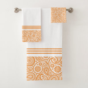 White paisley pattern on orange with stripes  bath towel set