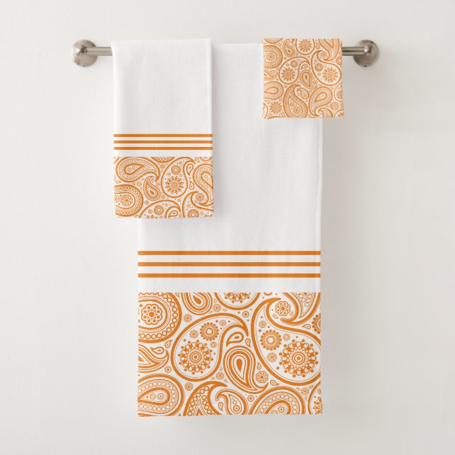 White paisley pattern on orange with stripes  bath towel set (Insitu)