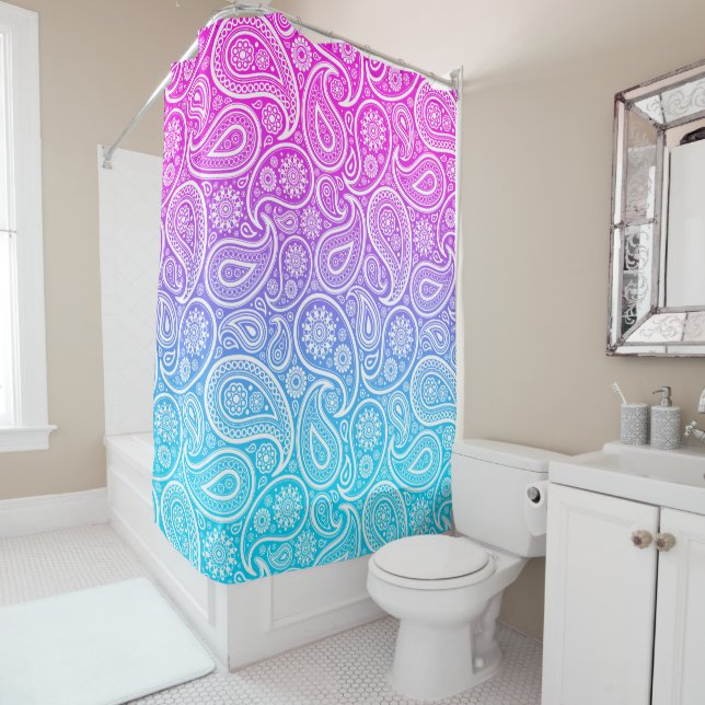 White paisley pattern on pink to blue ombre shower curtain (In Situ)