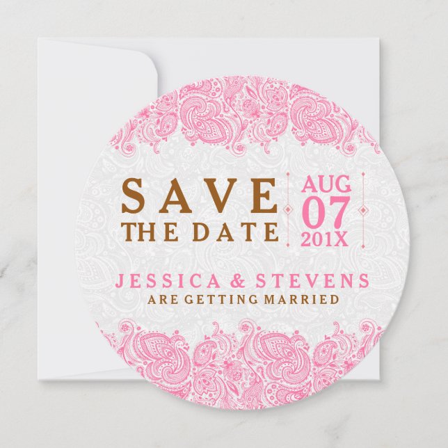 White Paisley & Pink Lace Save The Date (Front)