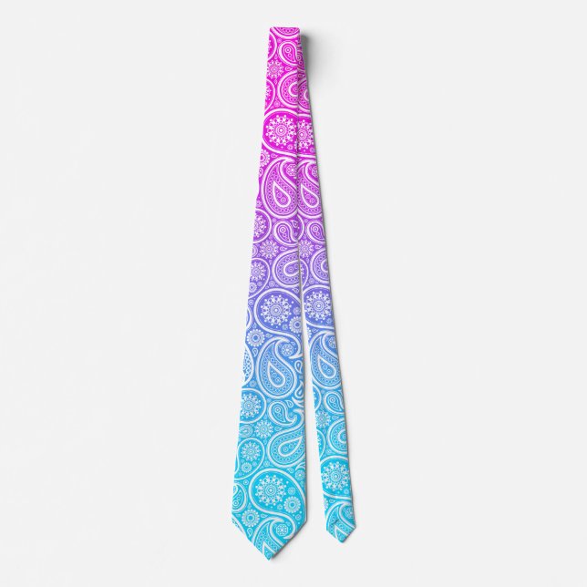 White paisley pink to blue ombre tie (Front)