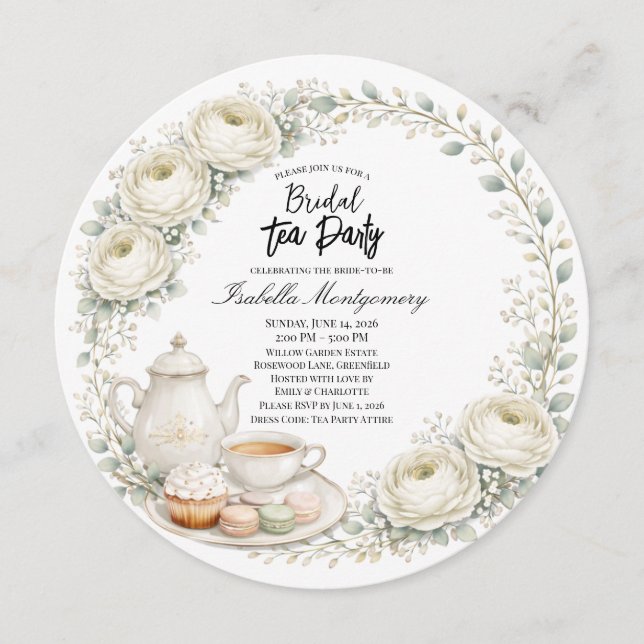 White Palette Tea Party Bridal Shower Invitation (Front)