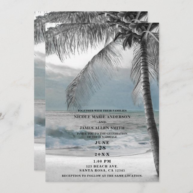 White Palm Coconut Tree Elegant Beach Wedding Invitation (Front/Back)