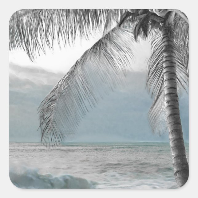 White Palm Coconut Tree Elegant Beach Wedding Square Sticker (Front)