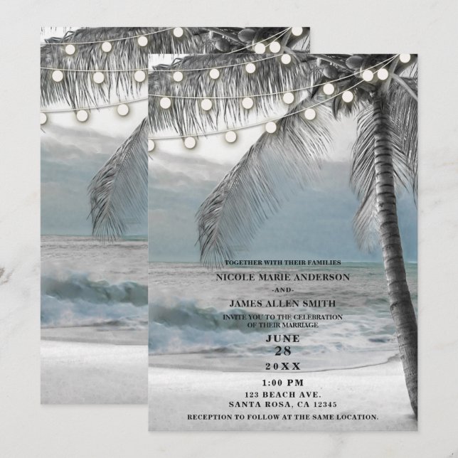 White Palm Coconut Tree & Lights Beach Wedding Invitation (Front/Back)