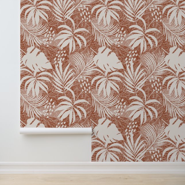 White Palm Leaf Pattern Terracotta Rose Wallpaper (Application)