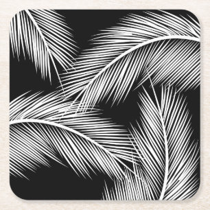 White palm leaves on black colour background square paper coaster