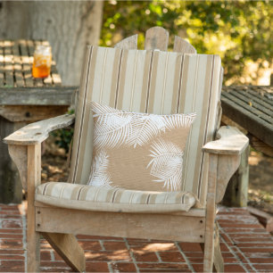 White Palm Leaves on Faux Burlap Outdoor Cushion