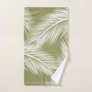 White palm leaves on green colour background bath towel set