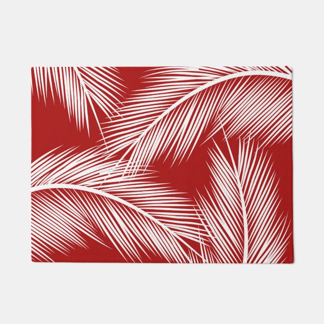White palm leaves on red colour background doormat (Front)