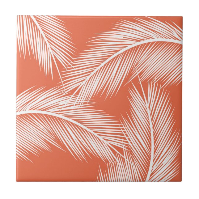 White palm leaves on salmon colour background tile (Front)
