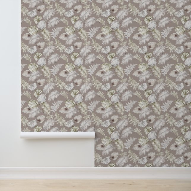 White Palm Leaves Pattern Grey Wallpaper (Application)