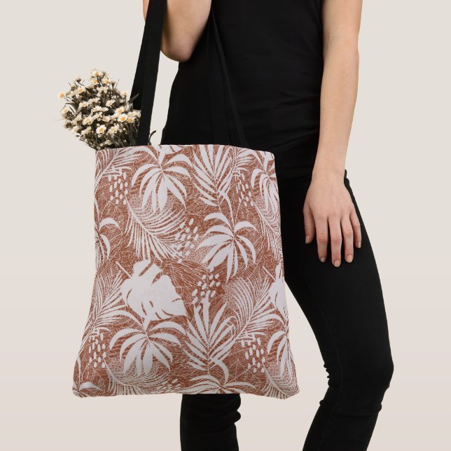 White Palm Leaves Rose Taupe  Tote Bag (Close Up)