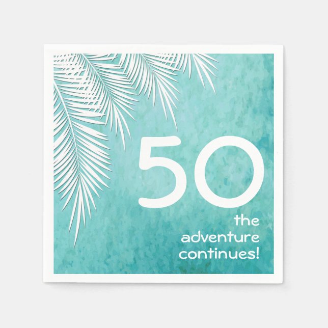 White Palm on Ocean Turquoise Blue Birthday Napkin (Front)