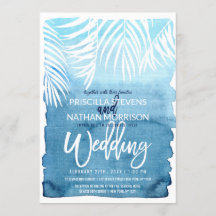 White Palm Tree Fronds Blue Watercolor Wedding