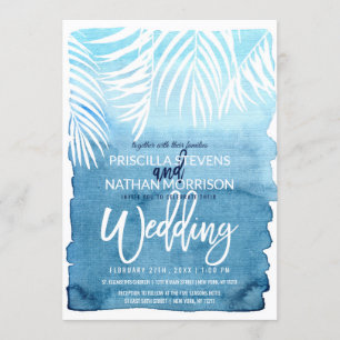 White Palm Tree Fronds Blue Watercolor Wedding Invitation
