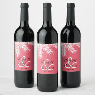 White Palms on Hot Pink Wedding Wine Label