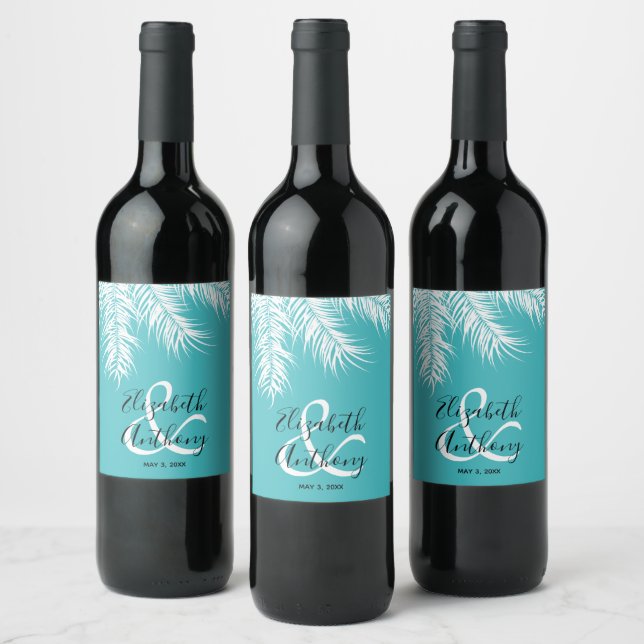 White Palms on Turquoise Background Wedding Wine Label (Bottles)