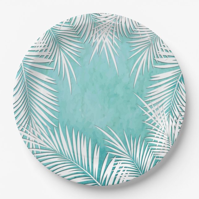 White Palms on Turquoise Ocean Tropical Plates (Front)