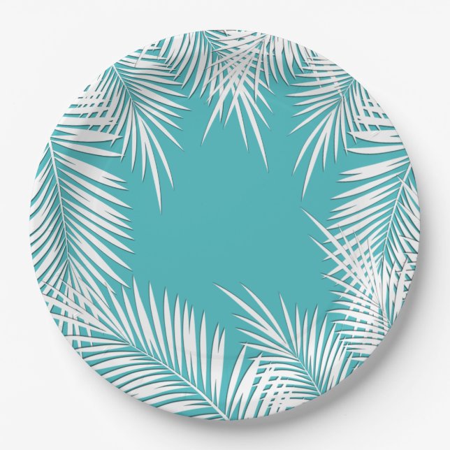 White Palms on Turquoise Tropical Paper Plates (Front)
