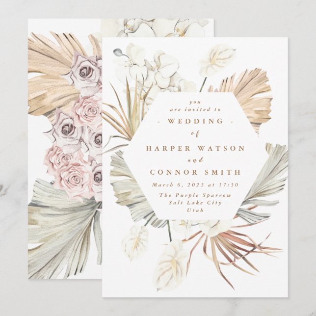 White Pampas Dried Grass Floral Tropical Jungle Invitation (Front/Back)