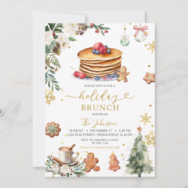 White Pancake Holiday Brunch Christmas Floral Invitation (Front)