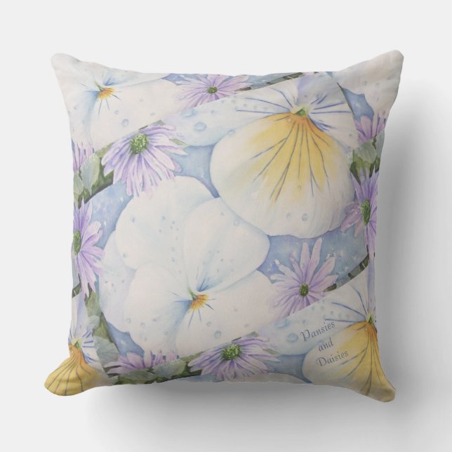 WHITE PANSIES AND PURPLE DAISIES FLOWER PATIO CUSHION (Front)