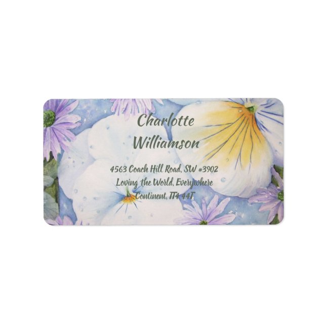 White Pansy Flowers in Watercolor Address Label (Front)