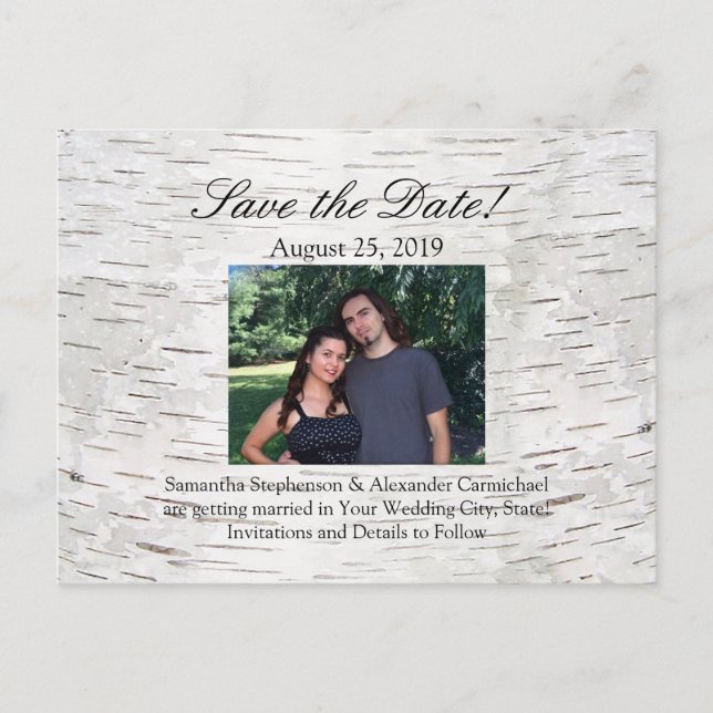 White Paper Birch Tree Bark Rustic Wood Wedding Announcement Postcard (Front)