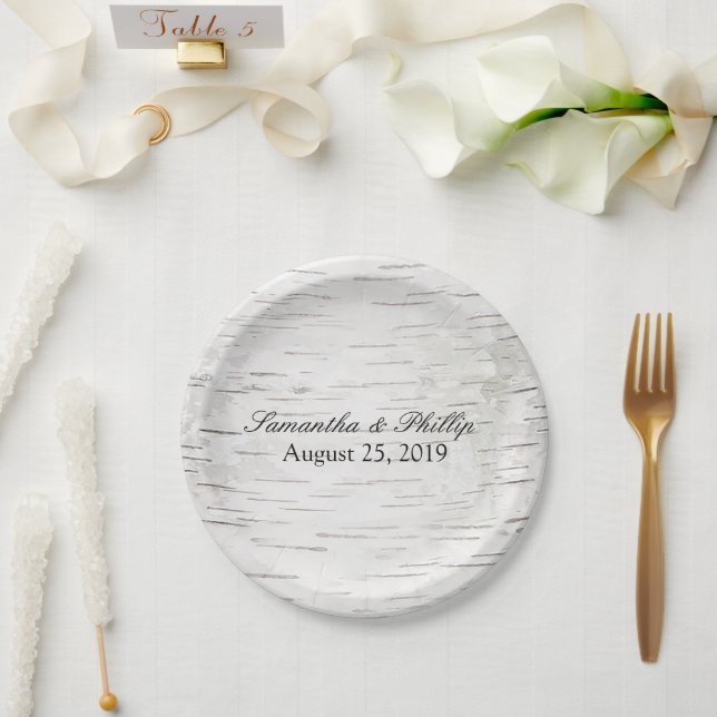 White Paper Birch Tree Bark Rustic Wood Wedding Paper Plate (Wedding)