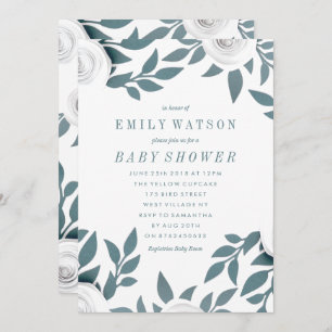 White Paper Flowers Baby Shower Invitation