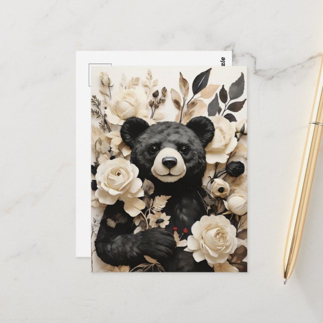 White Paper Roses & Black Bear Valentine Postcard (Front/Back In Situ)