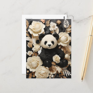 White Paper Roses & Panda Bear Valentine Postcard