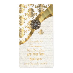 White parchment  gold damask wedding wine bottle