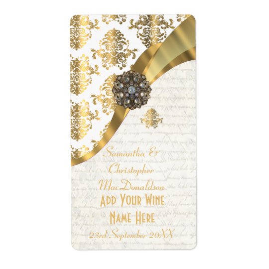 White parchment gold damask wedding wine bottle shipping label