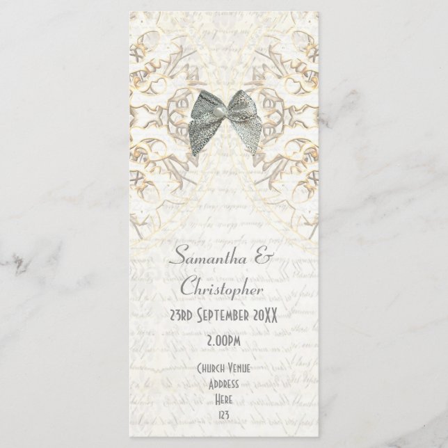White parchment lace damask church wedding program programme (Front)