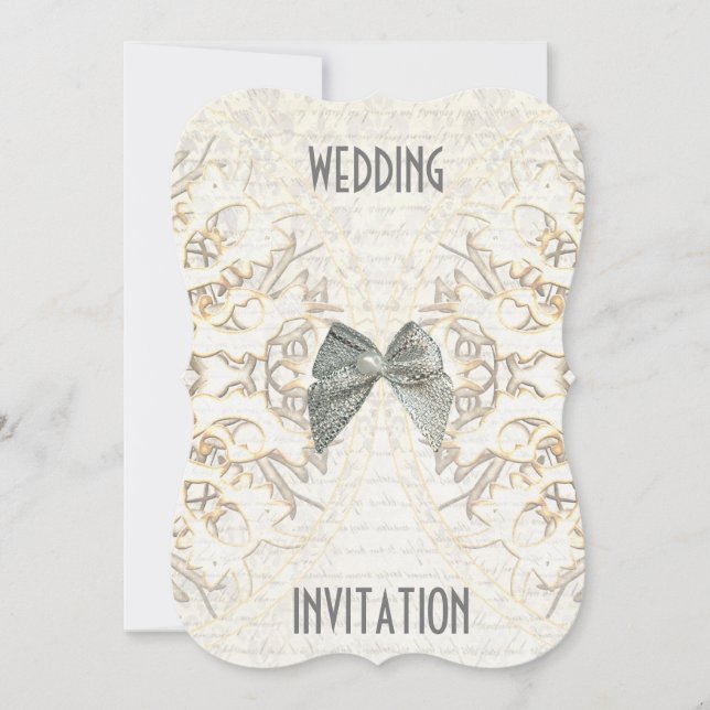 White parchment lace paper cut damask wedding invitation (Front)