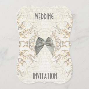 White parchment lace paper cut damask wedding invitation