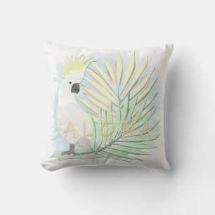 White parrot cockatoo in palm leaves. cushion