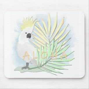 White parrot cockatoo in palm leaves. mouse mat