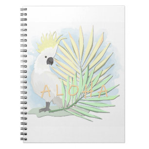 White parrot cockatoo in palm leaves. notebook