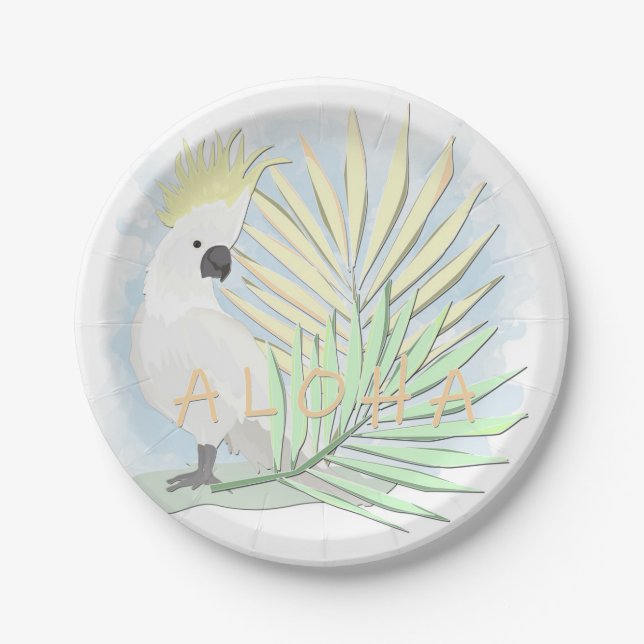 White parrot cockatoo in palm leaves. paper plate (Front)