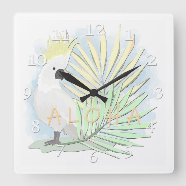 White parrot cockatoo in palm leaves. square wall clock (Front)