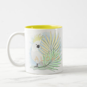 White parrot cockatoo in palm leaves. Two-Tone coffee mug