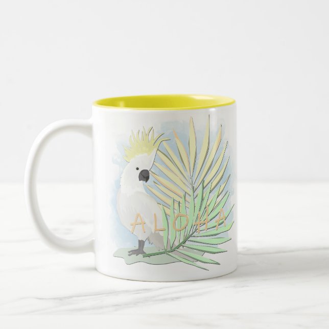 White parrot cockatoo in palm leaves. Two-Tone coffee mug (Left)