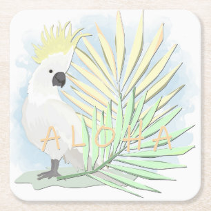 White parrot, cockatoo, palm leaves, tropical square paper coaster