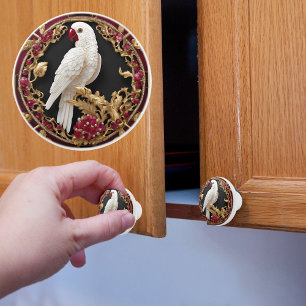 White Parrot with Gold and Ruby Ceramic Knob